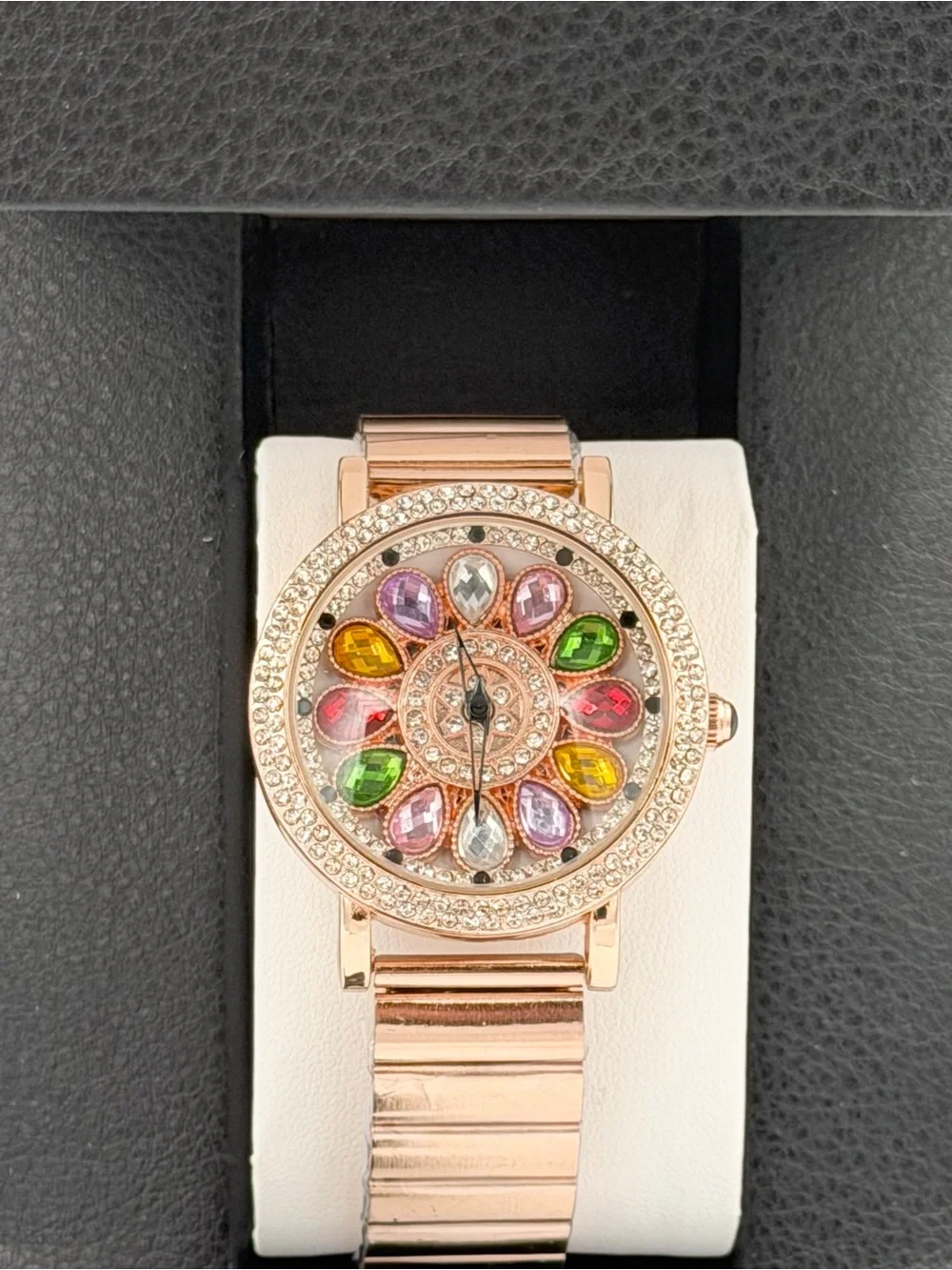 Rose Gold Women's Crystal Flower Dial Bracelet Watch - Multicolor Stones